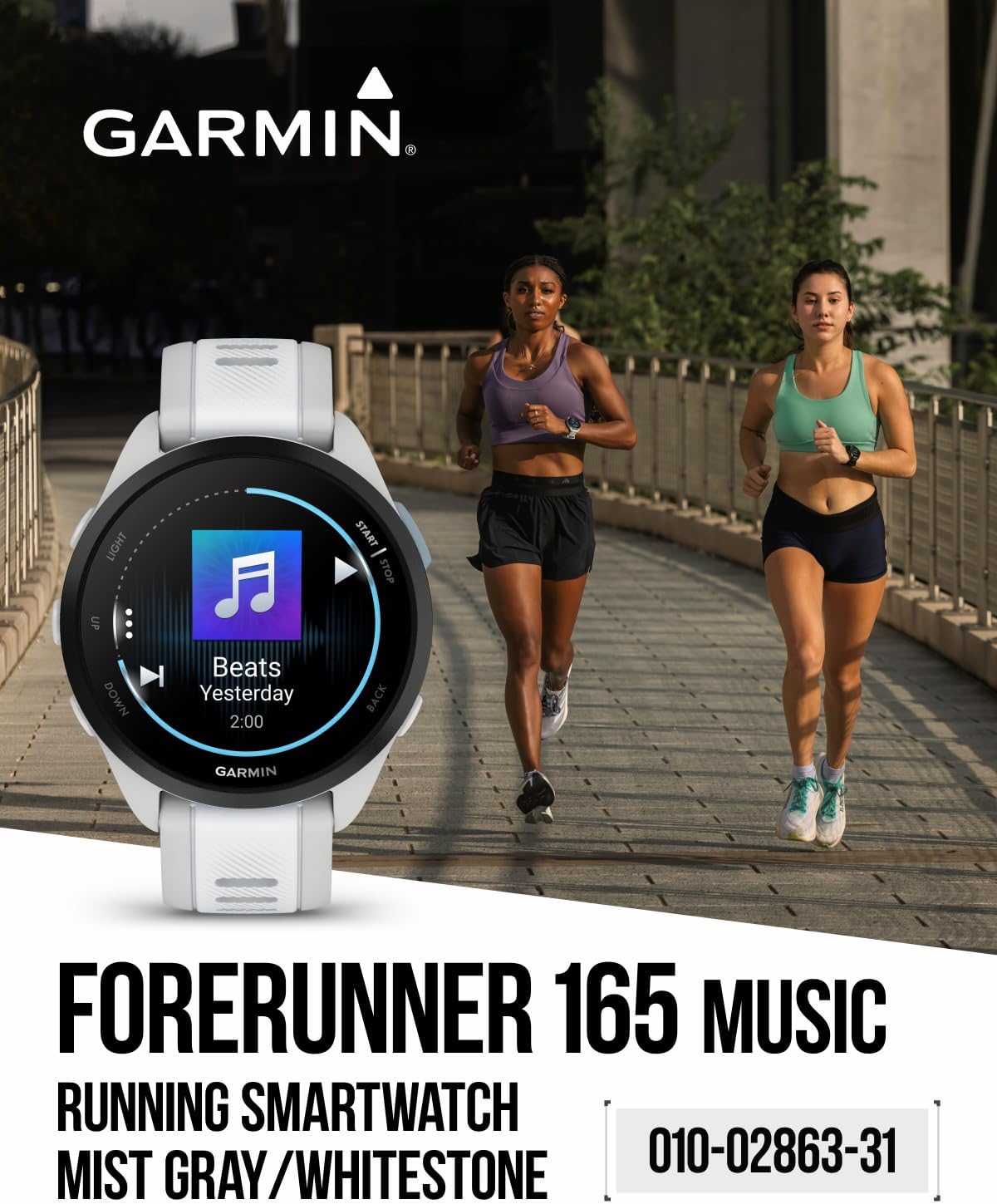 Garmin Forerunner 165 Music Running Smartwatch, Colorful AMOLED Touchscreen, Training Metrics and Recovery Insights Includes PowerPack +Adapters Bundle, Mist Gray/Whitestone