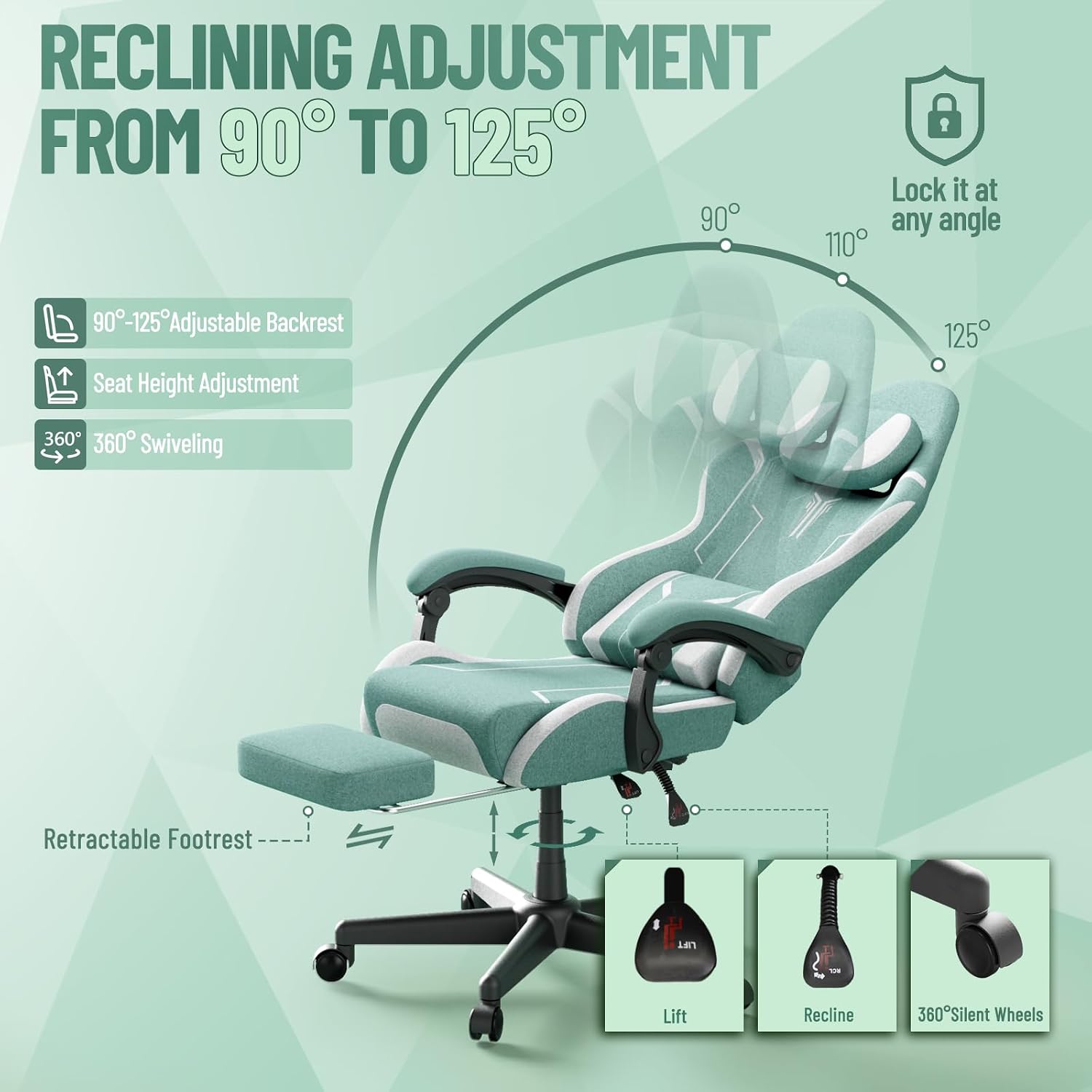Soontrans Green Gaming Chair, Fabric Ergonomic Computer Chair with Footrest and Linkage Armrest for Adult, High Back Office Game Chair with Massage Lumbar Support