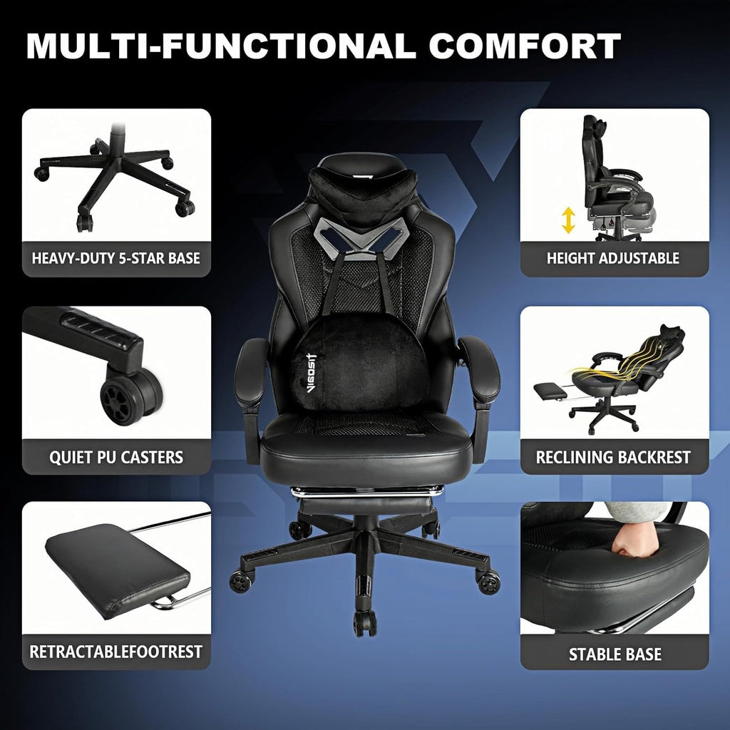 Vigosit Gaming Chair PRO, Ergonomic Gaming Chairs for Adults Heavy People, Massage Reclining Office Desk Computer Chair with Footrest and Lumbar Support, Big Tall Mesh Gamer Chair with Cushion (Black)