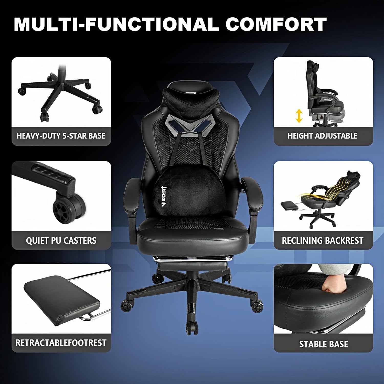 Vigosit Gaming Chair PRO, Ergonomic Gaming Chairs for Adults Heavy People, Massage Reclining Office Desk Computer Chair with Footrest and Lumbar Support, Big Tall Mesh Gamer Chair with Cushion (Black)