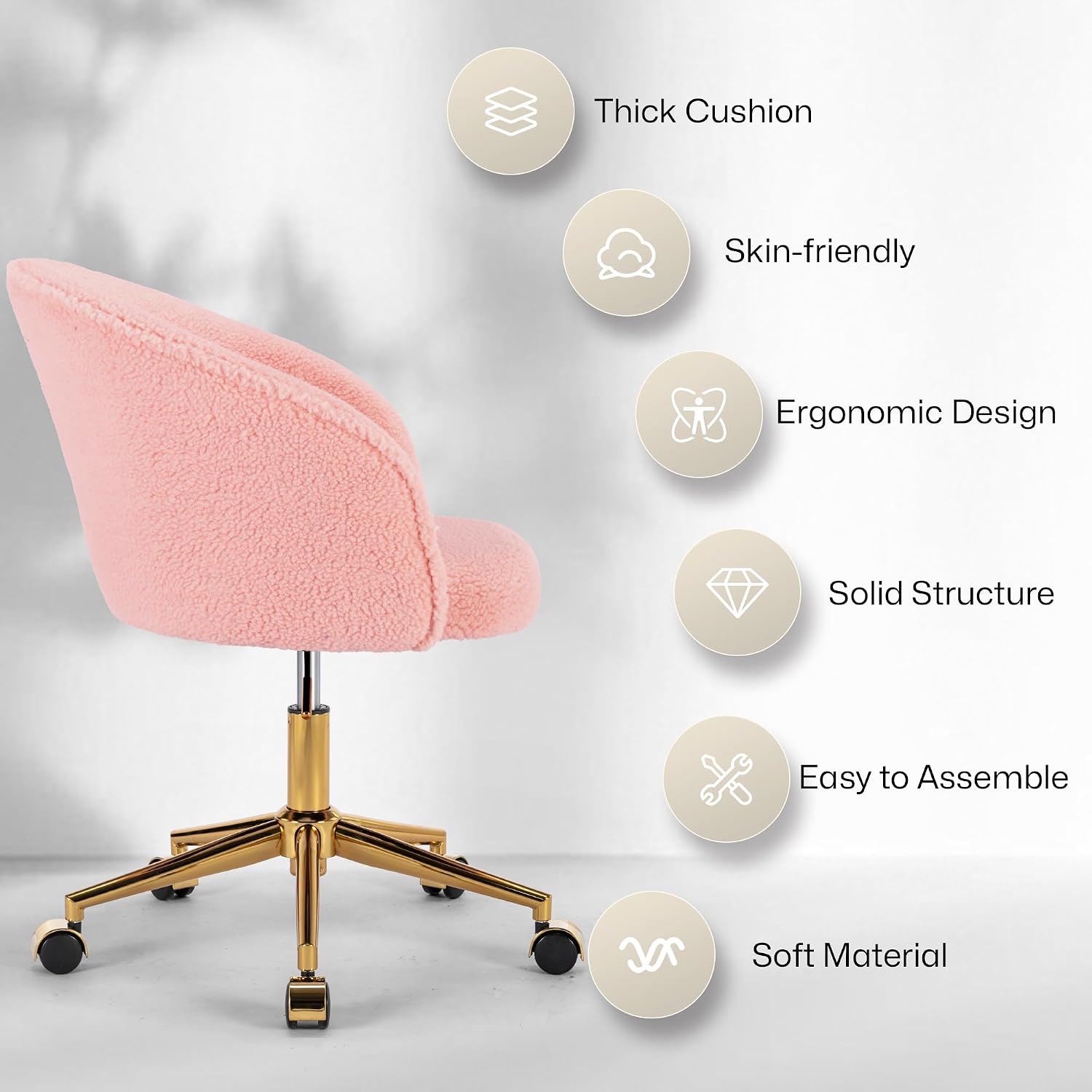 KCC Faux Fur Office Desk Chair, Comfy Fluffy Swivel Modern Leisure Armchair with Wheels, Upholstered Comfy Fuzzy Vanity Makeup Chair Height Adjustable for Teens Women Girls Elegant Home Office(Pink)