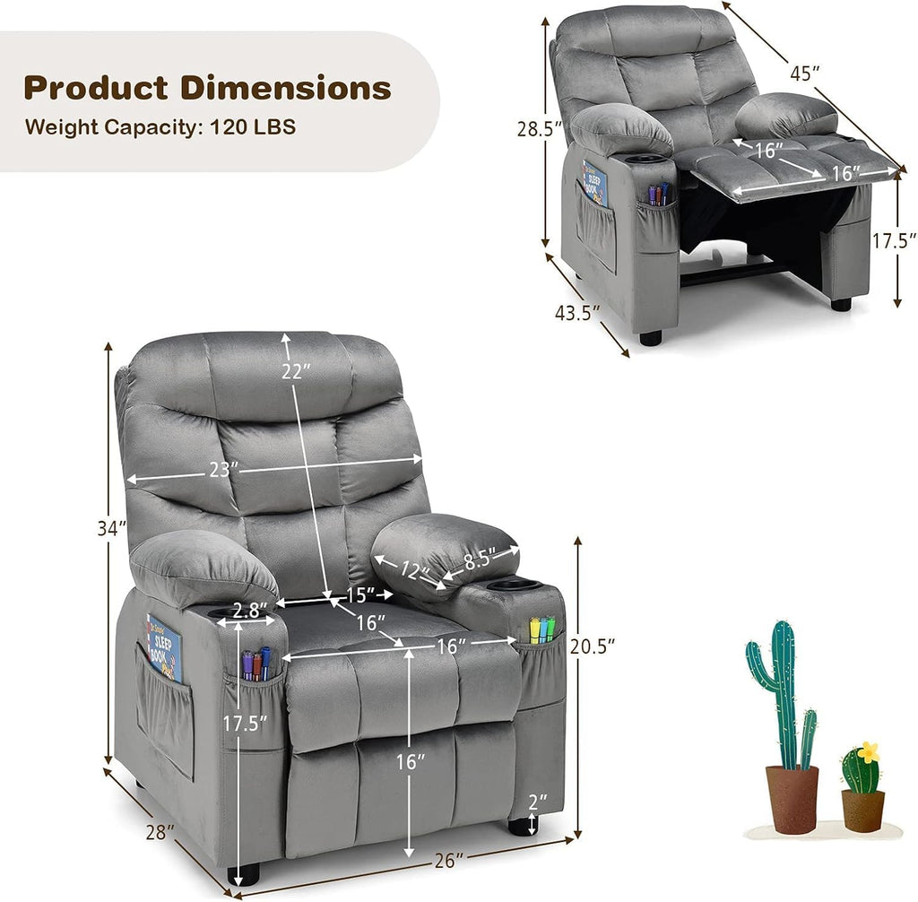 HOMGX Children's Recliner Chair, Velvet Material, Leisure Lounge Chair w/Side Pockets and Footrests, Ergonomically Adjustable Sofa Furniture, Suitable for Living Room (Grey)