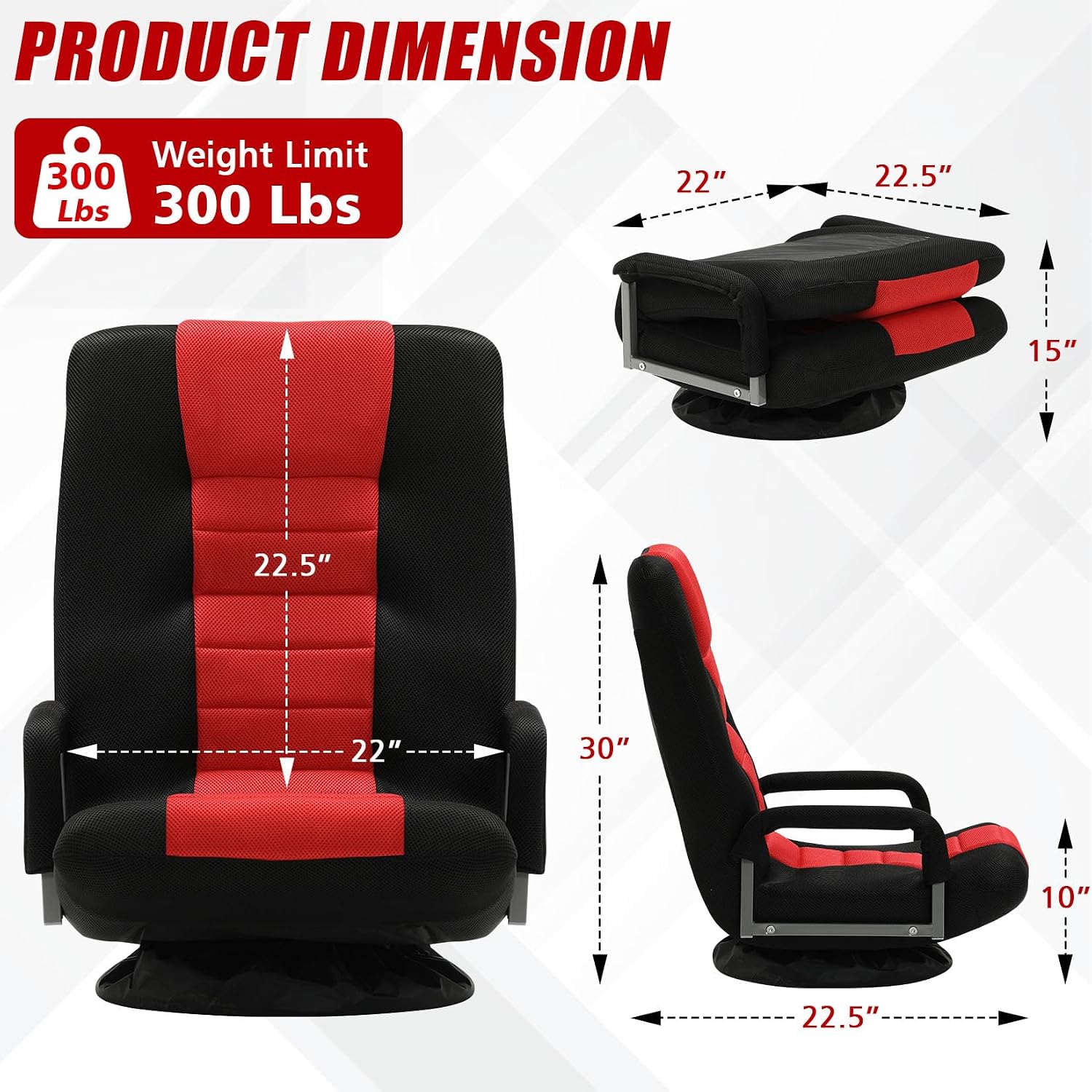 Swivel Gaming Chair Multipurpose 2PACK Floor Gaming Chair for Playing Video Games, TV, Reading w/Armrest Lumbar Support & 6 Adjustable Postion Backrest for Adults,Red