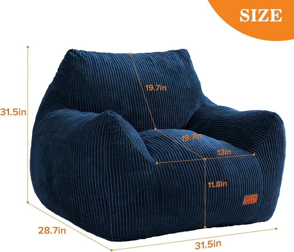 Big Bean Bag Chair for Adults, Ultra Soft Living Room Bean Bag with Armrests, Stuffed BeanBag Chair for Napping, Gaming, Vacuum-Compressed for Easy Gifting, 48 Hours to Fluffs Up, Navy Blue