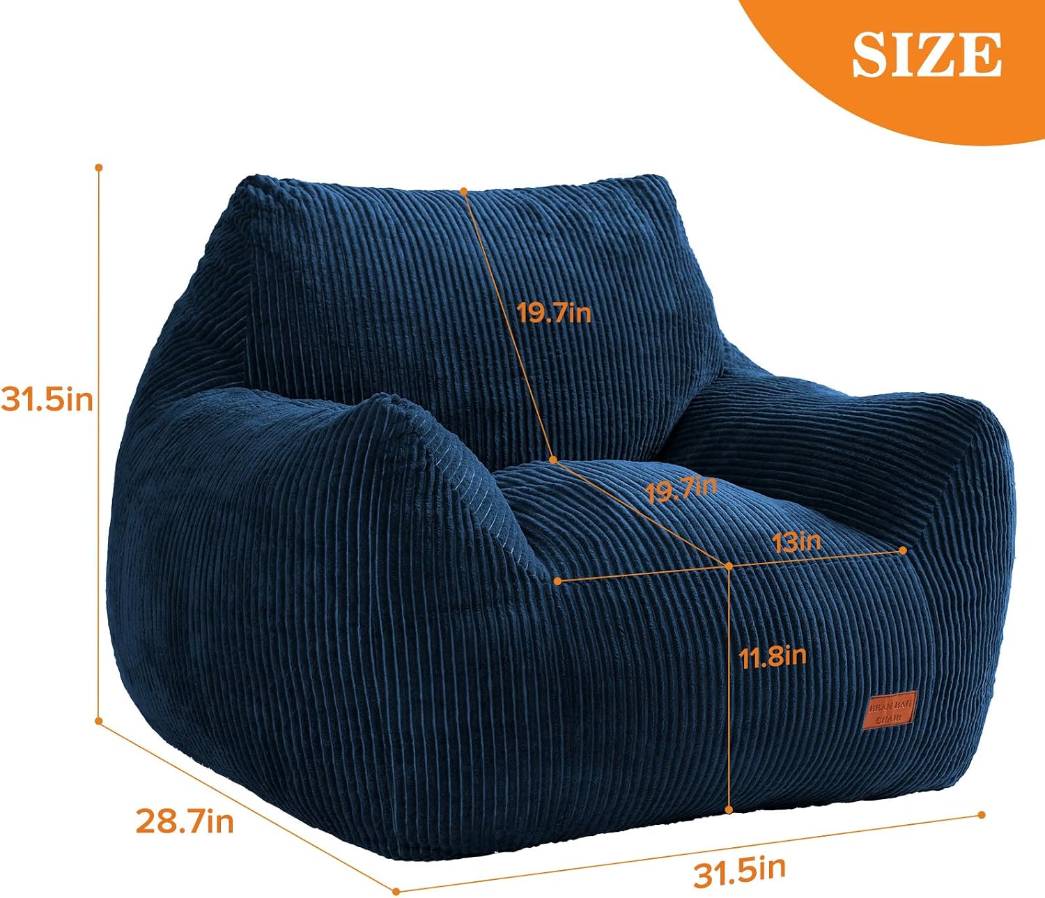 Big Bean Bag Chair for Adults, Ultra Soft Living Room Bean Bag with Armrests, Stuffed BeanBag Chair for Napping, Gaming, Vacuum-Compressed for Easy Gifting, 48 Hours to Fluffs Up, Navy Blue