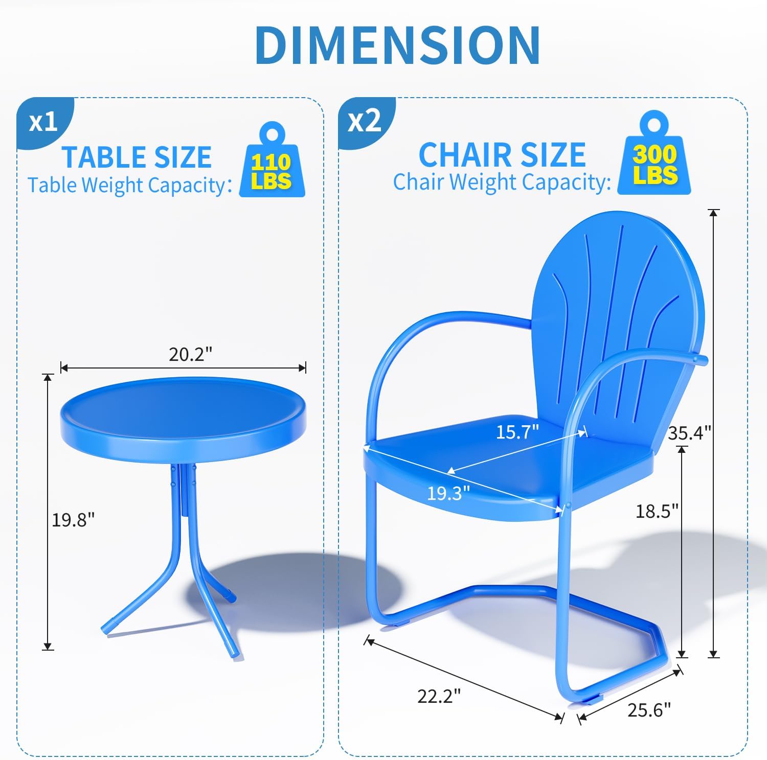 3 Pieces Patio Bistro Set, Retro Metal Outdoor Seating Conversation, 2 C-Spring Retro Metal Patio Chairs and Round Side Table, for Balcony, Yard, Garden (Blue)