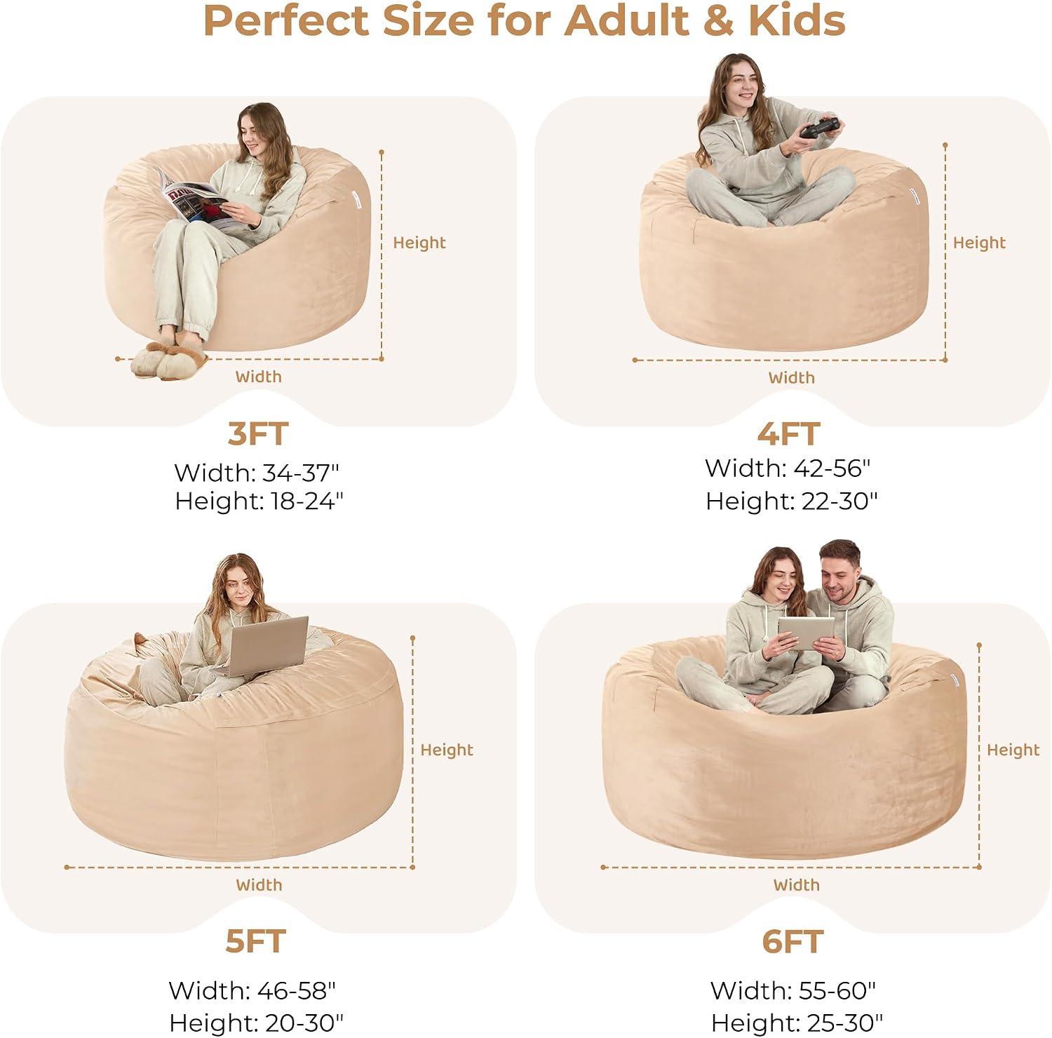 HABUTWAY Bean Bag Chair: Giant 5' Memory Foam Furniture Bean Bag Chair with Microfiber Cover - 5Ft, Khaki