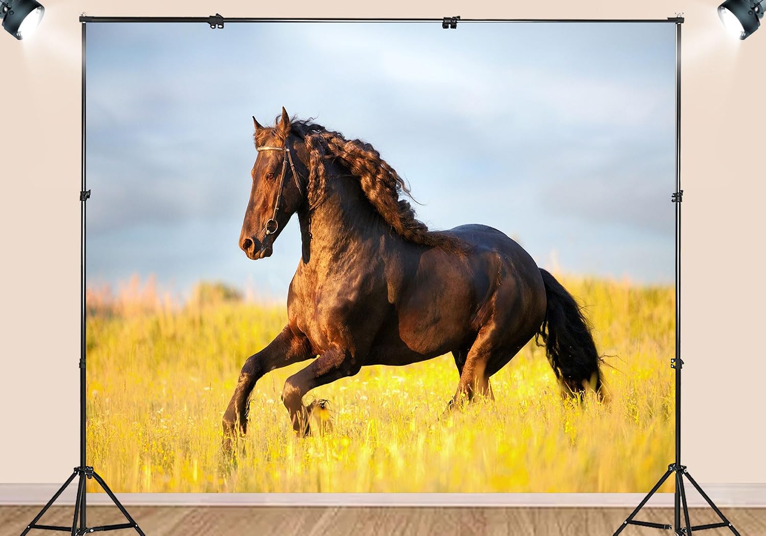 20X10ft Fabric Dark Brown Horse Galloping Yellow Flower Meadow Backdrop Nature Animal Background for Party Decorations Wall Hanging Photo Studio Props