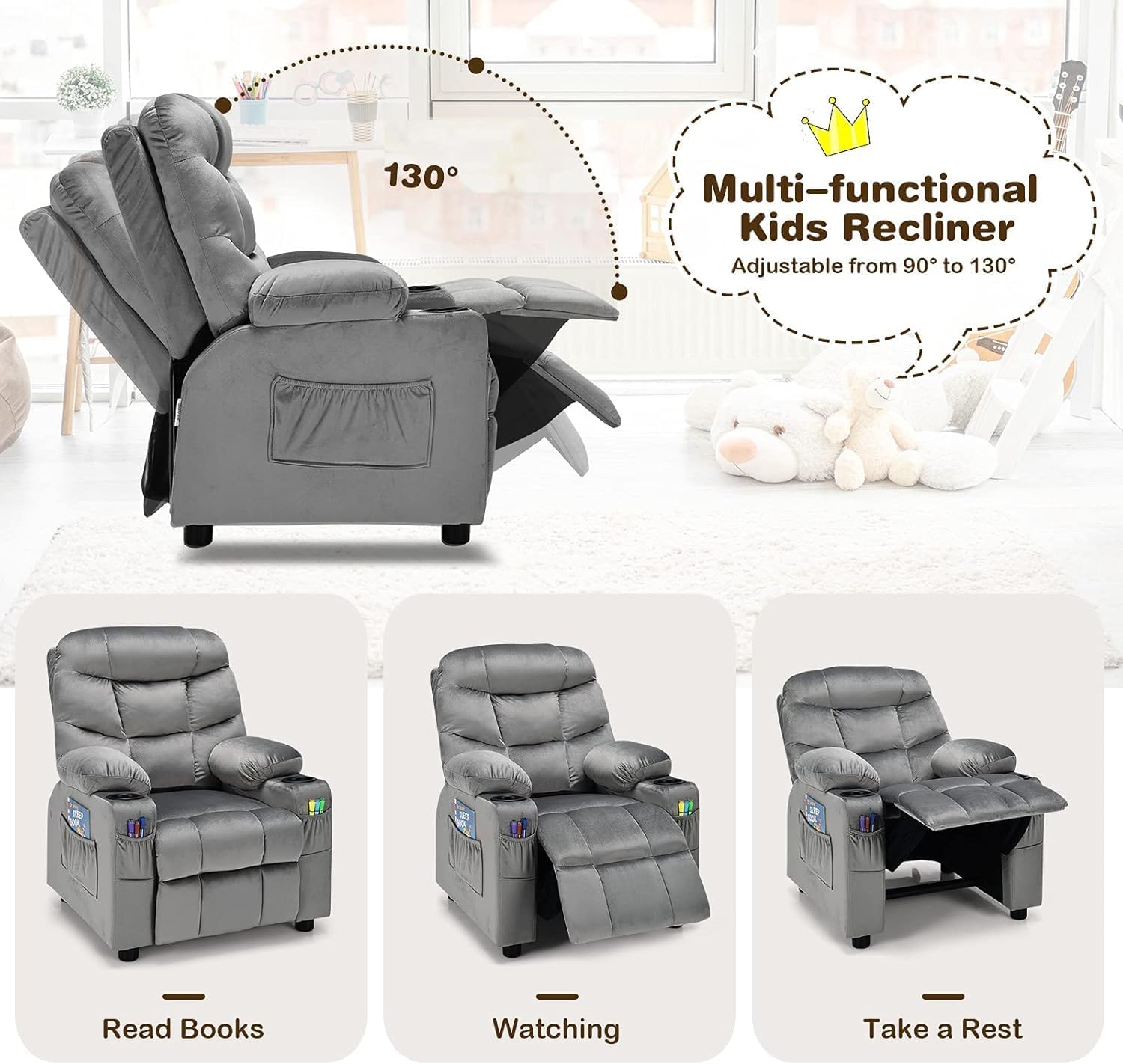 HOMGX Children's Recliner Chair, Velvet Material, Leisure Lounge Chair w/Side Pockets and Footrests, Ergonomically Adjustable Sofa Furniture, Suitable for Living Room (Grey)