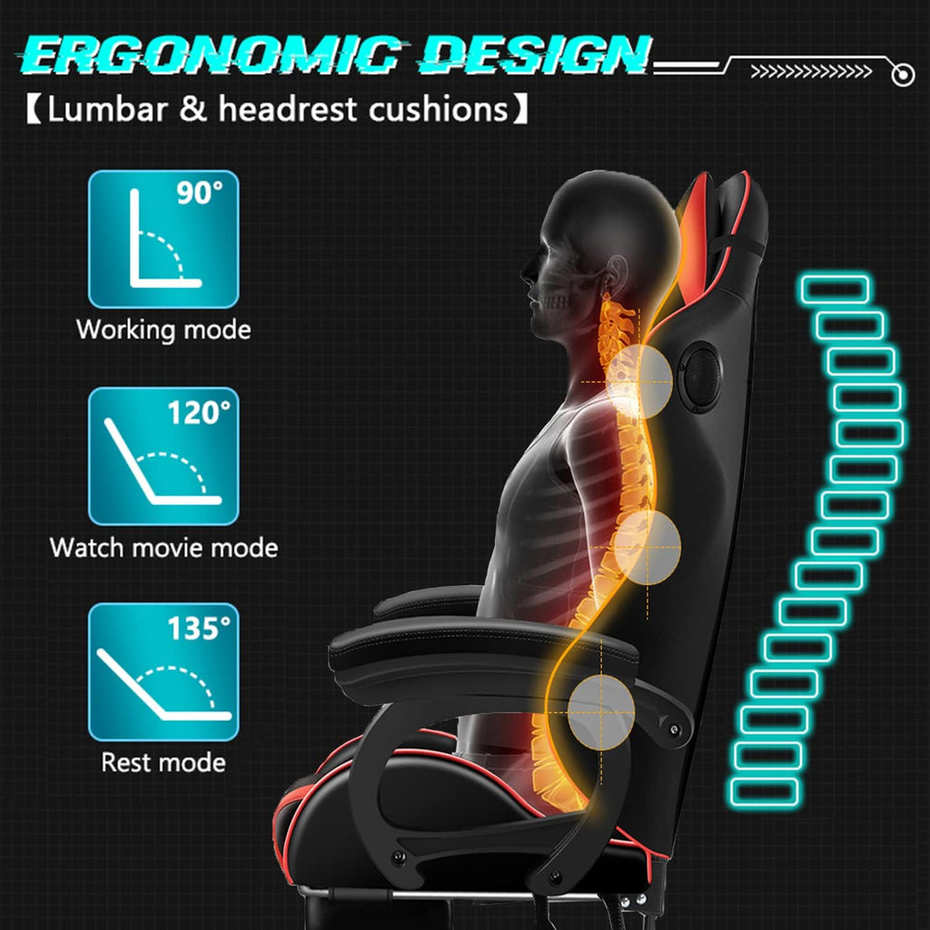 Gaming Chairs for Kids Adults Video Game Chair with LED Lights and Speakers Ergonomic 7-Point Massage Computer Chairs High Back Office Chair with Footrest and Lumbar Support Headrest,White