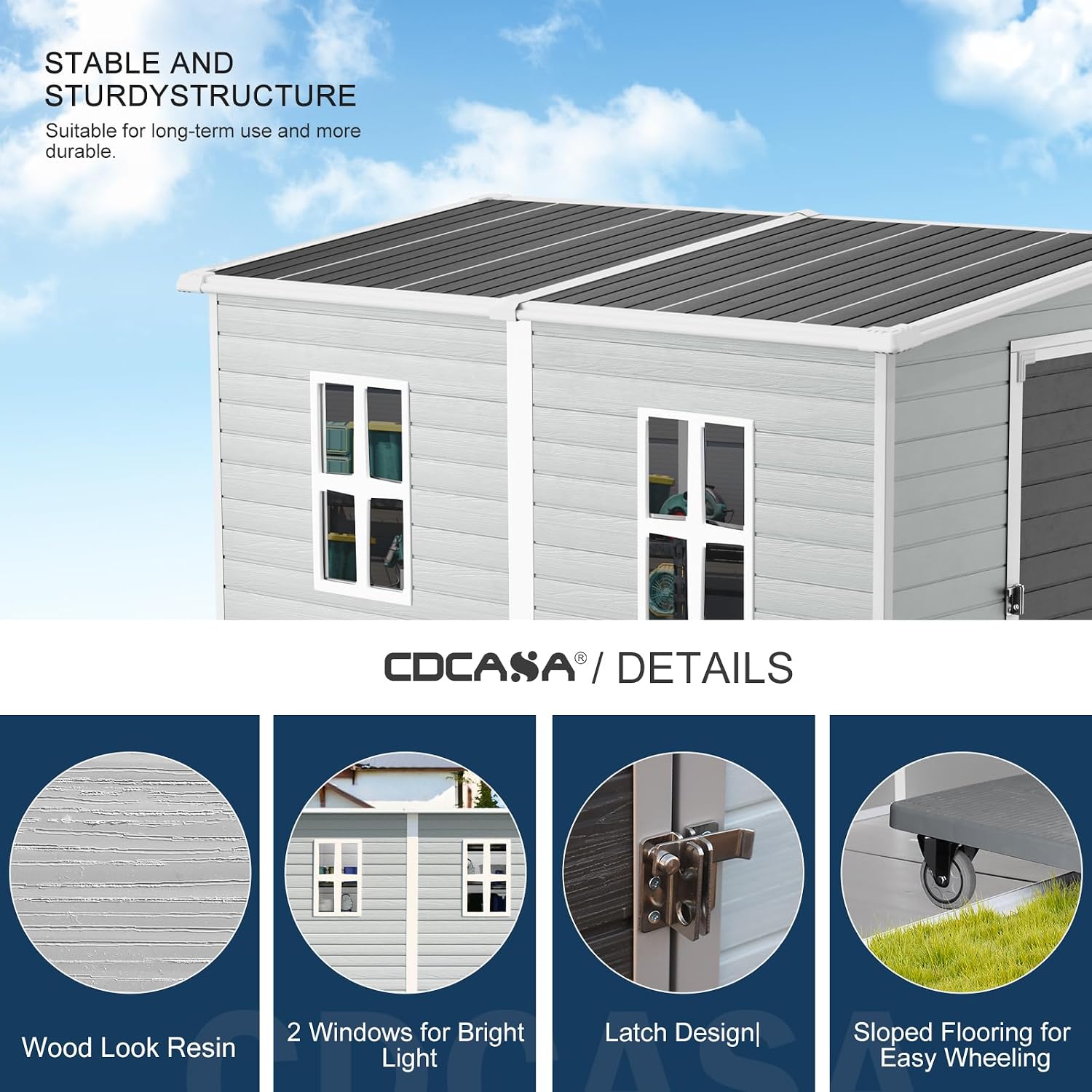 CDCASA 4x8 FT Resin Lean to Shed, Waterproof Outdoor Storage Shed with Floor, Plastic Tool Shed for Outside, Backyard, Patio, Poolside, Bike, Grey