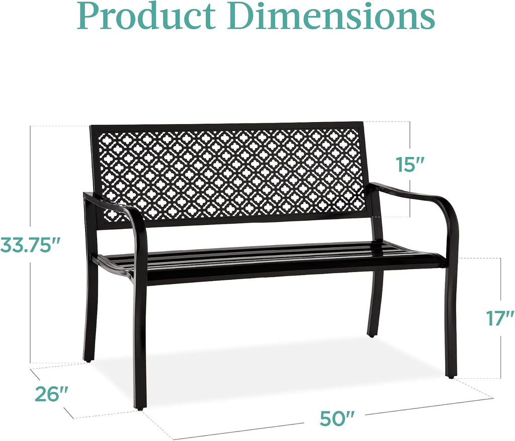 Best Choice Products Outdoor Bench 2-Person Metal Steel Benches Furniture for Garden, Patio, Porch, Entryway w/Geometric Backrest, 790lb Capacity – Black