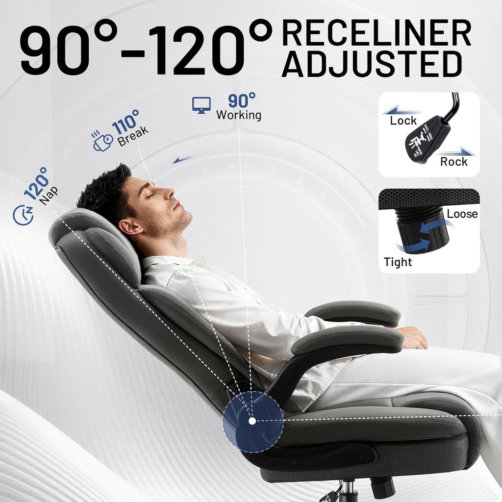AreShark Ergonomic Office Chair with High Back Headrest,PU Leather Executive Desk Chair Padded Flip-Up Armrests,Lumbar Support,Swivel Computer Chair for Home Office & Gaming,Gray