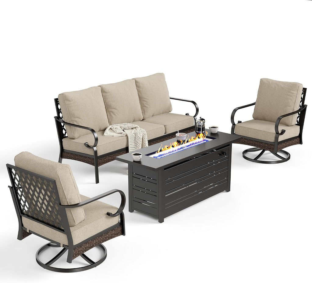 SUNSHINE VALLEY 4 Piece Black Metal Outdoor Patio Furniture Sets with Firepit Table, Patio Conversation Sets 1 3-Seater Sofa, 2 Swivel Sofa with 5.75' Thick Cushion Backyard Furniture for Deck, Beige
