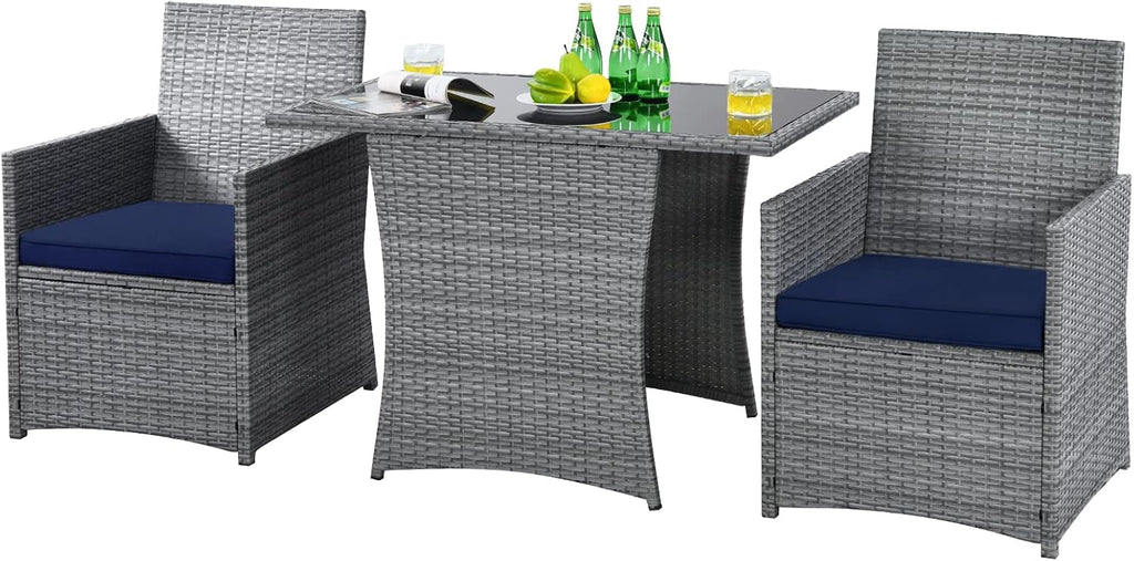 HAPPYGRILL 3 Piece Patio Furniture Set, Outdoor PE Rattan Wicker Bistro Set with Washable Cushions & Tempered Glass Table, for Backyard Porch Garden Balcony Poolside