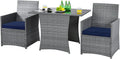 HAPPYGRILL 3 Piece Patio Furniture Set, Outdoor PE Rattan Wicker Bistro Set with Washable Cushions & Tempered Glass Table, for Backyard Porch Garden Balcony Poolside