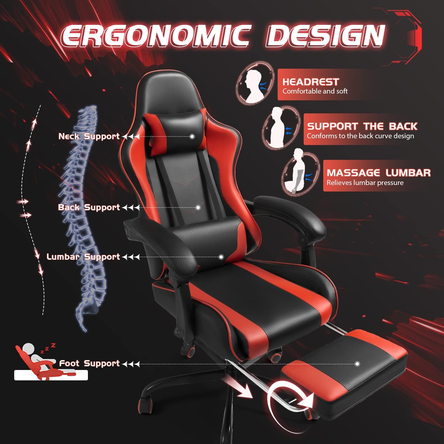 Shahoo Gaming Chair, Video Gaming Chair with Footrest and Lumbar Support, Ergonomic Computer Chairs with 360° Swivel and Height Adjustable, Spin Chair with Headrest for Home Office, Study Room (Red)