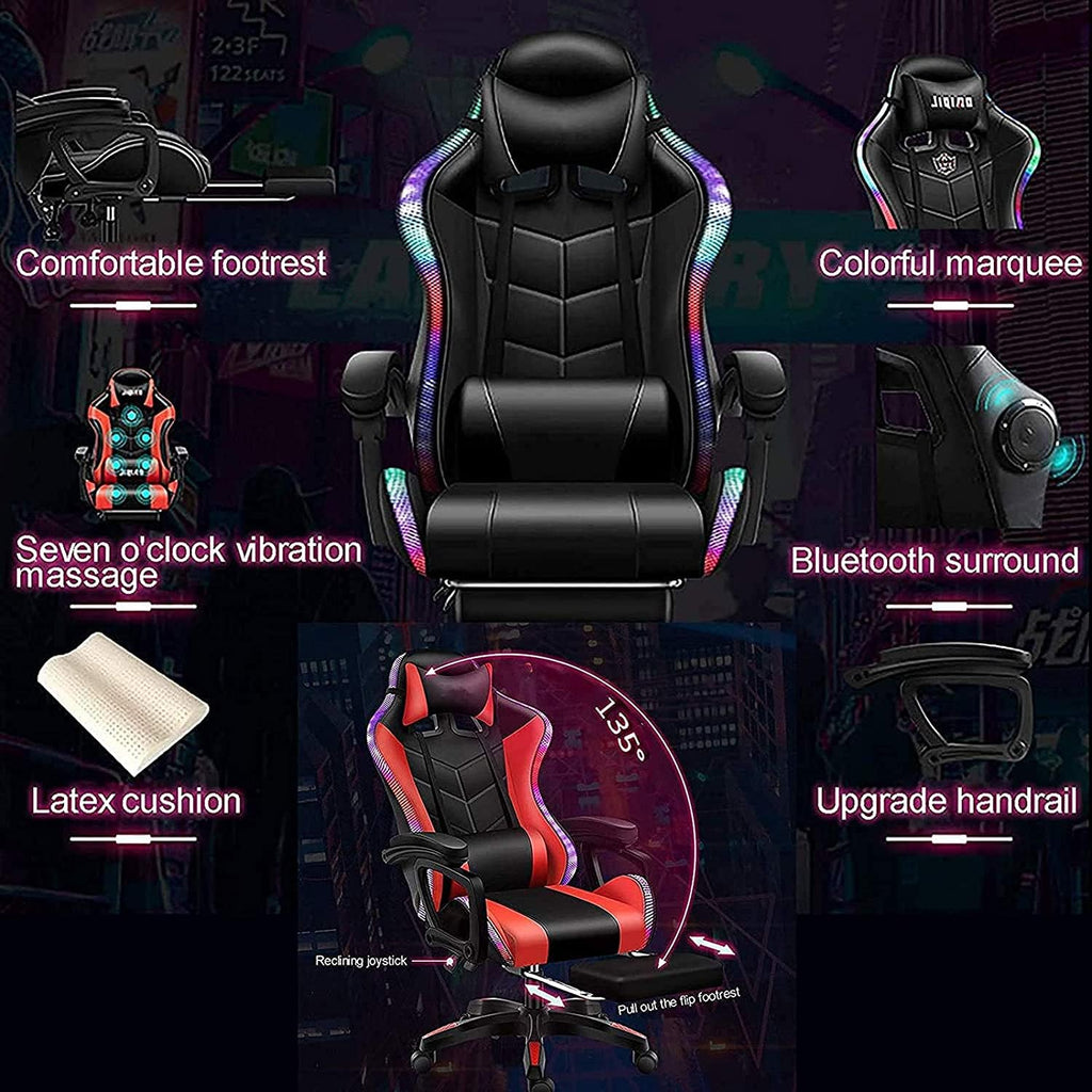 Gaming Chair /Pro Gaming Chair , Full Massager Lumbar Support and Bluetooth Speaker Video Gaming Chairs LED Lights Load-Bearing 150KG,Red