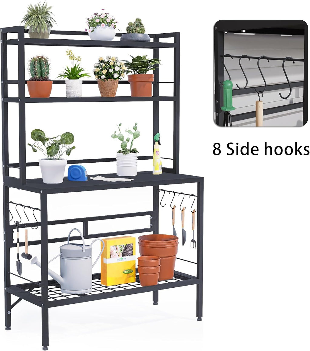 Outdoor Potting Bench Table with Storage, 63' Tall Metal Garden Workstation, 4-Tier Plant Stand Shelves with 8 Hooks, Heavy Duty All-Weather Potting Table for Patio, Backyard, Balcony, Gray