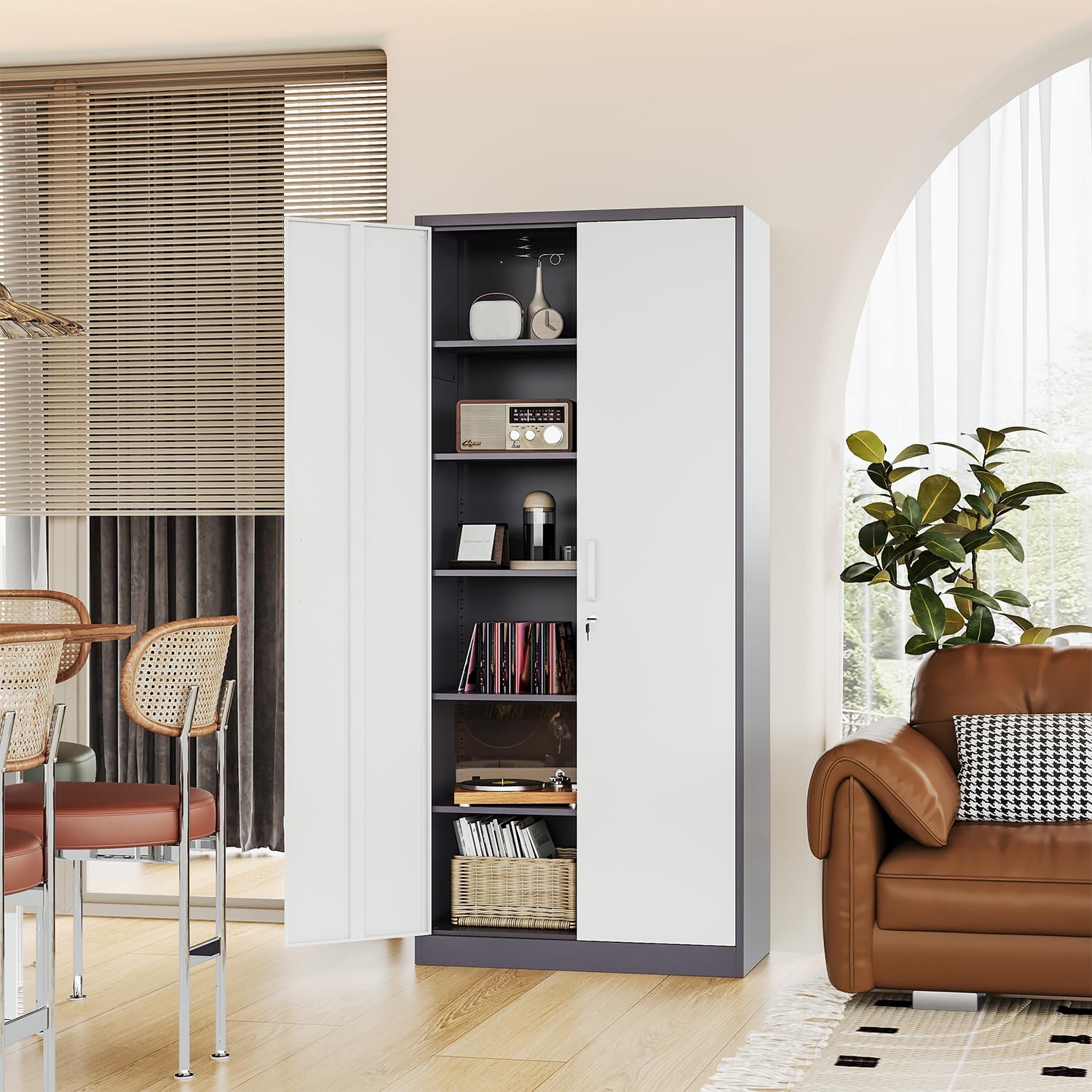 Fesbos Metal Cabinet Steel Storage Cabinet - 71' Tall Steel File Cabinets with Lockable Doors and 5 Adjustable Shelves Gray&White Storage Cabinets for Home, School, Office, Garage