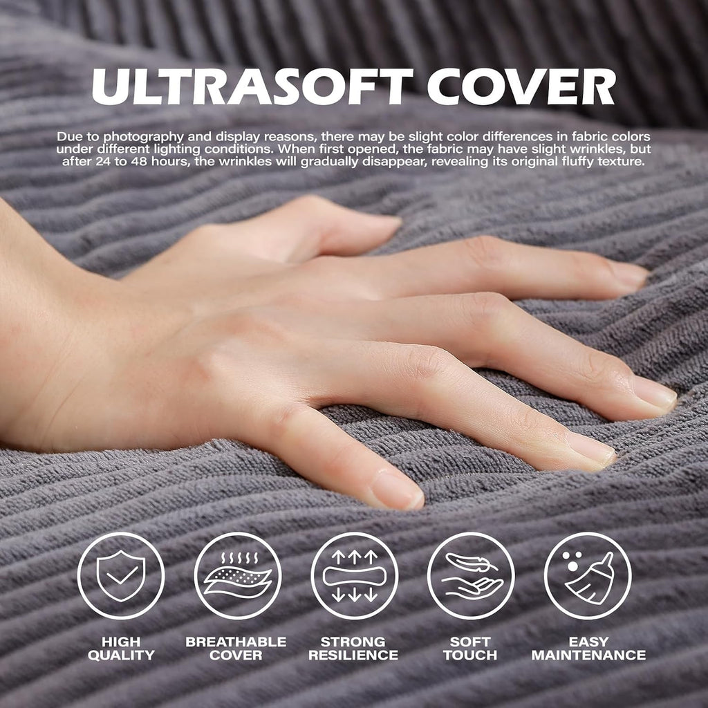 Giant Bean Bag Chair for Adults, Teens and Kids, Cozy Fluffy Corduroy Beanbag Chair with Filler, Large Floor Lounge Sofa for Living Room, Bedroom, Dorm, Gaming and Reading(L-Charcoal)
