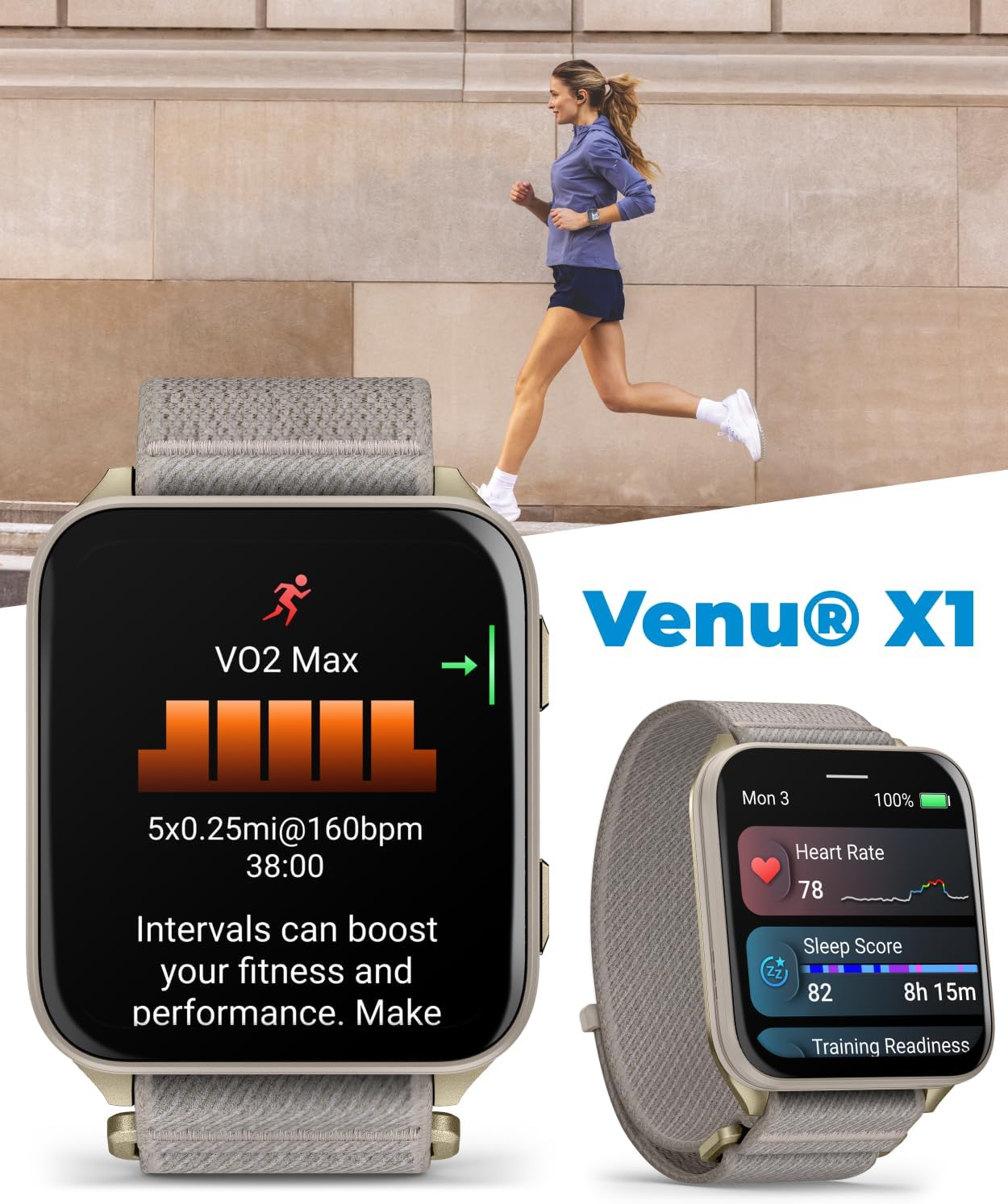 Garmin Venu X1 Thin and Lightweight GPS Smartwatch, AMOLED Display, Advanced Health & Fitness Features, Soft Gold w/Titanium Caseback & French Gray Nylon Band Black Earbuds Bundle