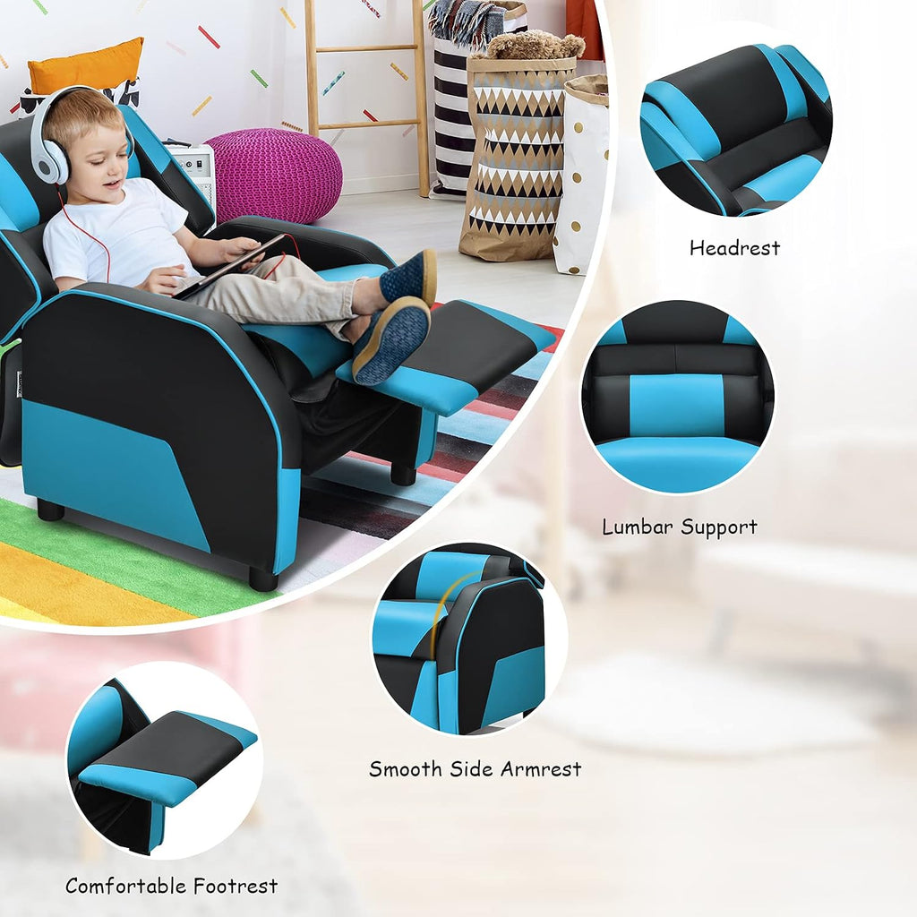 ARLIME Kids Recliner, PU Leather Kid Lounge Chair w/Footrest, Armrest, Headrest & Lumbar Support, Adjustable Gaming Toddler Sofa Armchair for Boys Girls (Blue)