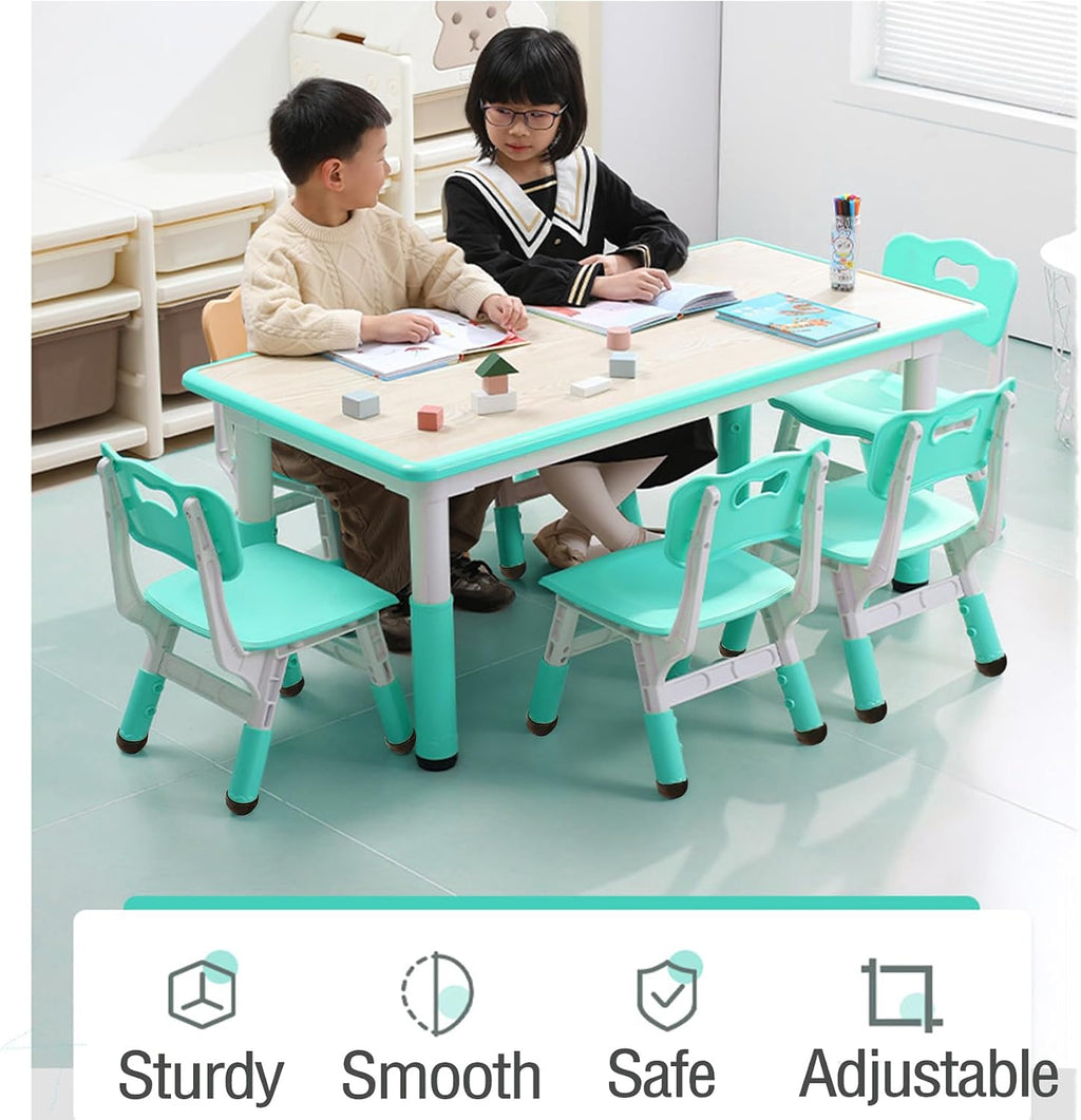 Kids Table and Chair Set, Height Adjustable Toddler Arts & Crafts Table and 6 Chair Set for Ages 2-10,Max 300lbs Kids Activity Art Table for Classroom Daycares,Home