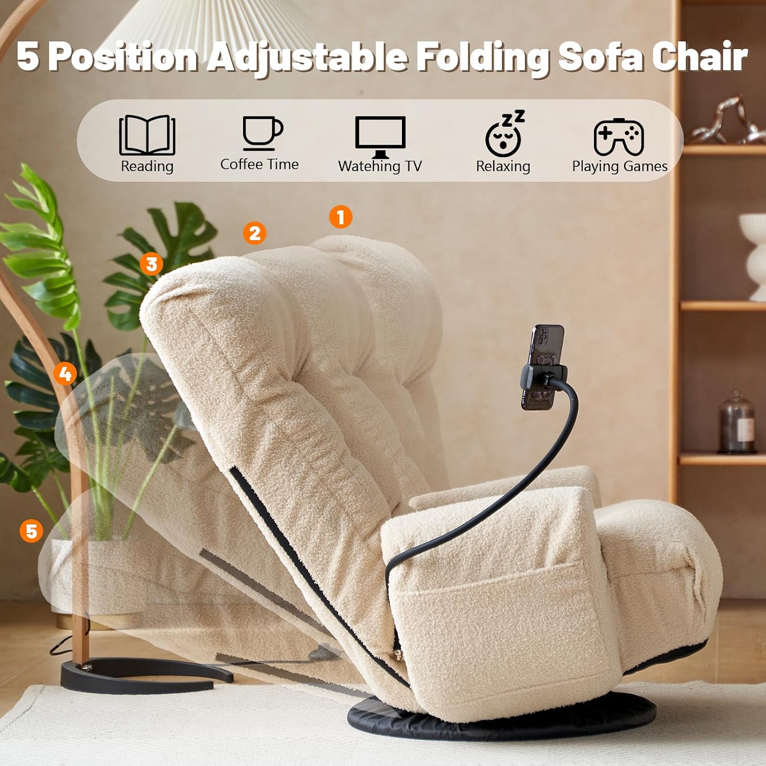 360° Swivel Gaming Floor Chair, 5 Position Adjustable Folding Sofa Chair with Armrests & Phone Holder, Cushion Padded Indoor Chaise Lounge for Adults, Home Office Floor Leisure Chairs, Beige