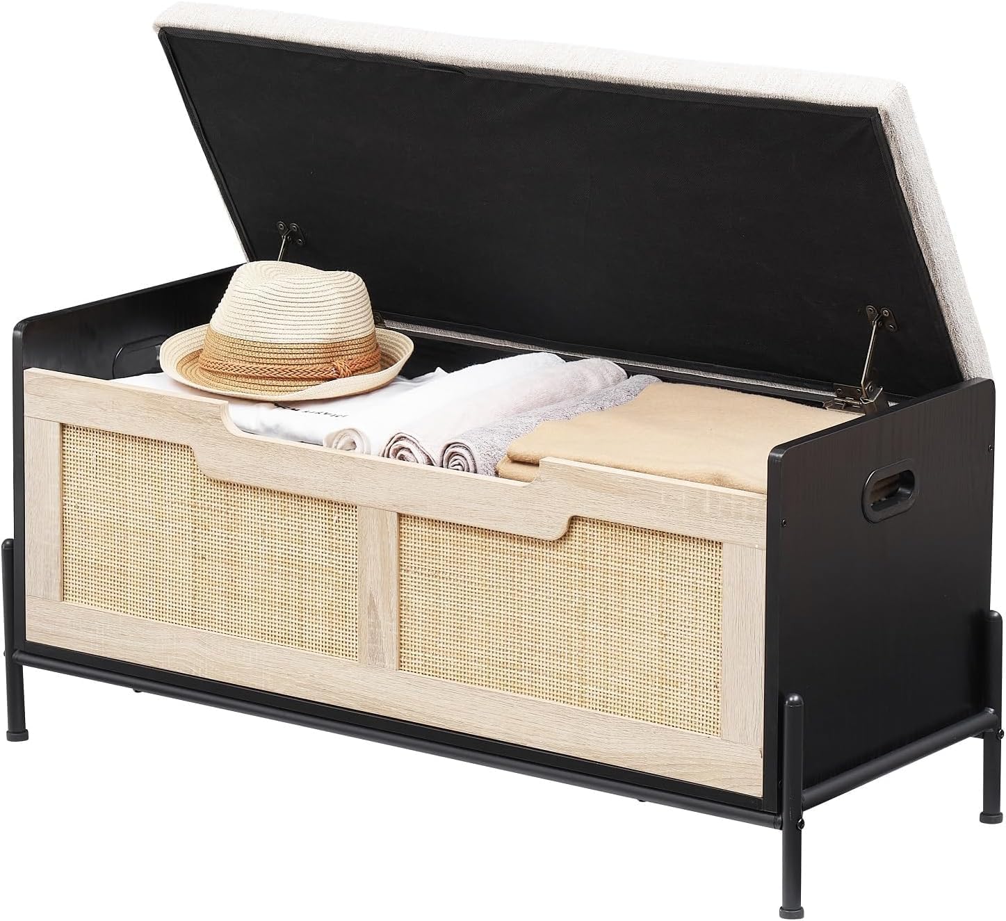 GAOMON 39.4' Storage Benches Rattan Entryway Bench with Cushion, 2 Safety Hinges, Storage Trunk, Shoe Bench Storage Chest for Entryway, Living Room, Bedroom, Oak & Black