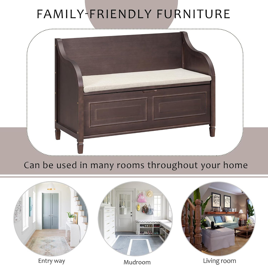 Bellemave Storage Bench with Safety Hinge Wooden Entryway Benches with Shoe Cabinets Under Seat Multifunctional Storage Bench for Entryway, Foyer or a Mudroom (Espresso + Beige)