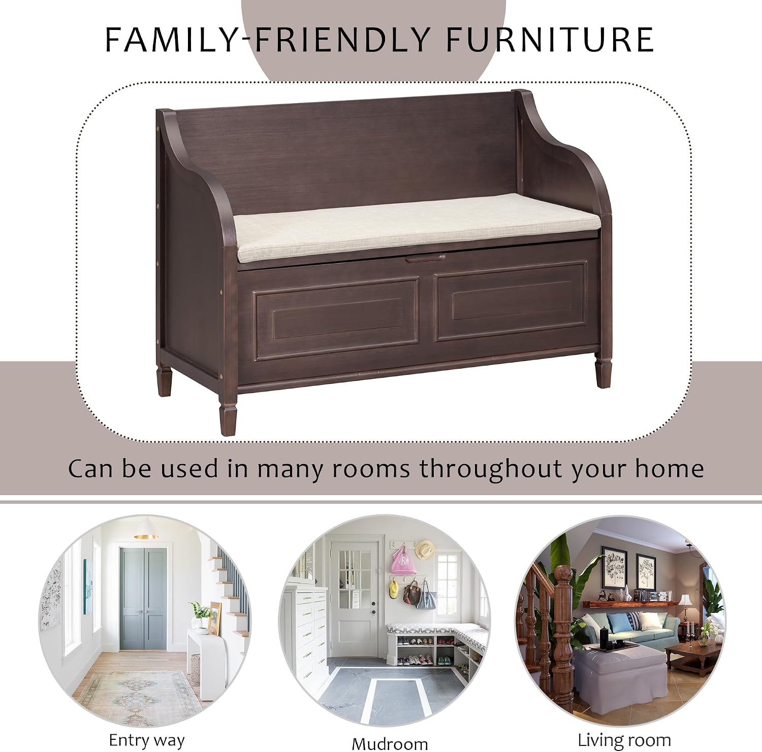 Bellemave Storage Bench with Safety Hinge Wooden Entryway Benches with Shoe Cabinets Under Seat Multifunctional Storage Bench for Entryway, Foyer or a Mudroom (Espresso + Beige)