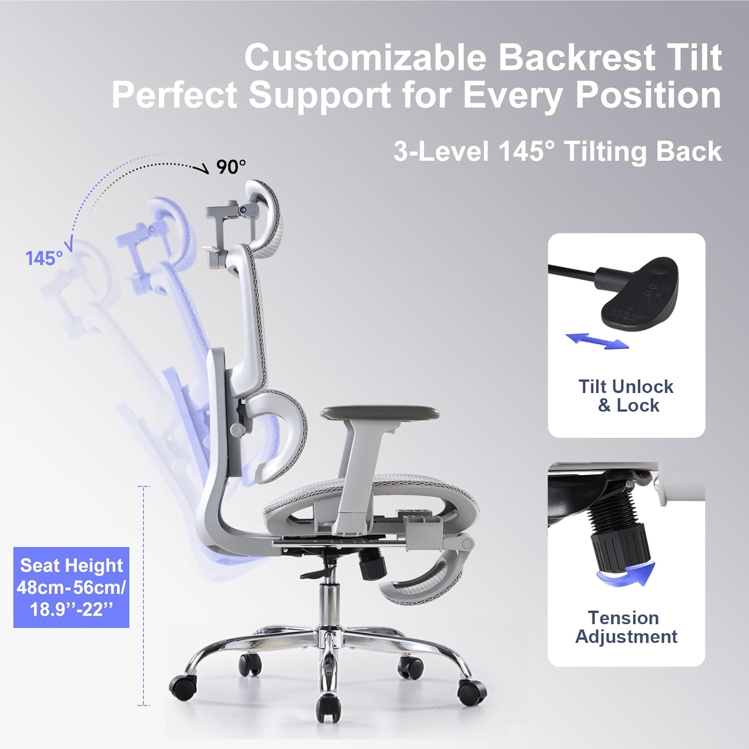 Office Chair with Footrest, Ergonomic Chair with 3D Headrest, Computer Chair with Adjustable Backrest & 3D Armrest, Gaming Chair with Adaptive Lumbar Support, Mesh Backrest & Cushion, Grey