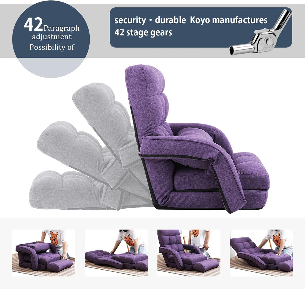 Floor Chair, Chaise Lounge Indoor, 14-Position Adjustable Folding Lazy Sofa with Armrests and a Pillow Padded Gaming Chairs for Living Room, Bedroom Factory Price (Purple) 8803PU