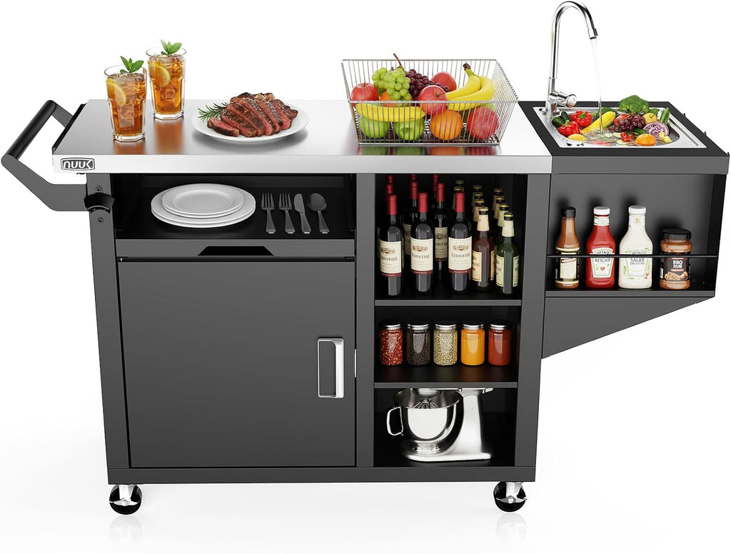 NUUK Outdoor Grill Cart on Wheel, Pizza Oven Table with Sink & Storage, 20'x42' Stainless Steel Prep Table Kitchen Island Cabinet for Backyard BBQ