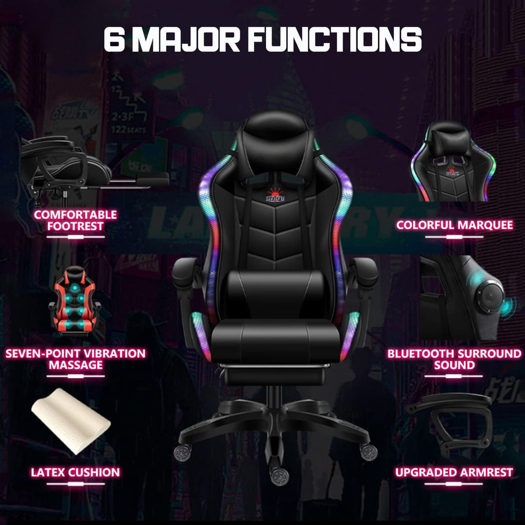 RGB Gaming Chair with Speakers, Massage Computer Chair Ergonomic Racing Game Chairs for Teens PU Leather Recliner Swivel Gamer Chair with Lumbar Support Headrest Armrest and Footrest,Black
