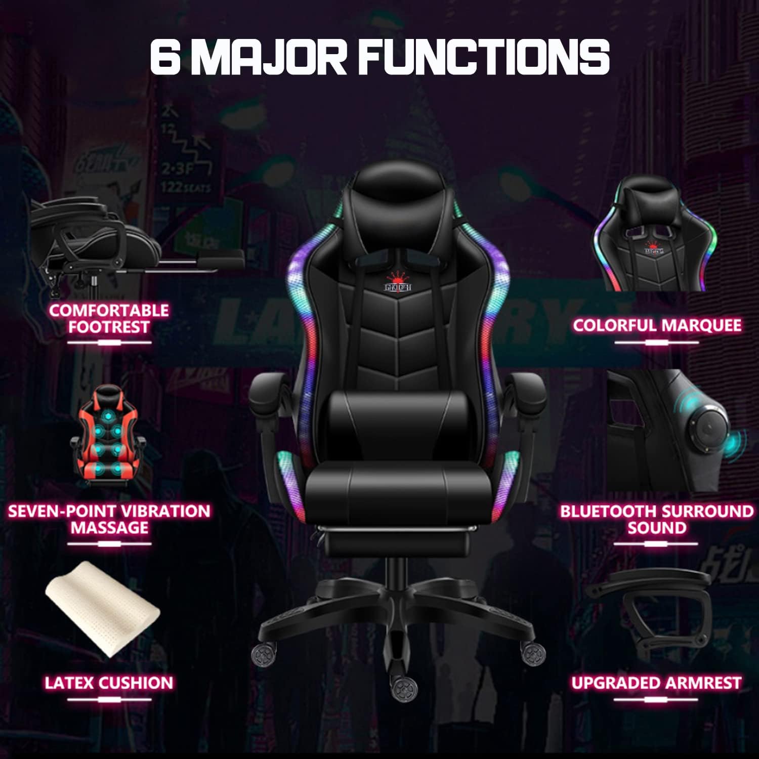 RGB Gaming Chair with Speakers, Massage Computer Chair Ergonomic Racing Game Chairs for Teens PU Leather Recliner Swivel Gamer Chair with Lumbar Support Headrest Armrest and Footrest,Pink
