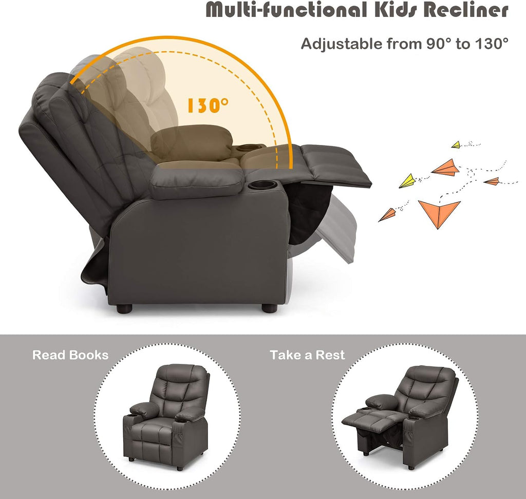 MAT EXPERT Kids Recliner, Leather Adjustable Reading Gaming Chair w/ 2 Cup Holder, 3 Side Pocket Storage & Footrest, Kids Couch Toddler Lounge Chair for Boys Girls, Kids Room Playroom Nursery (Coffee)