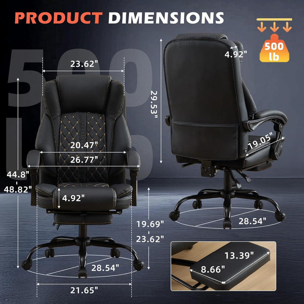 Massage Office Chair with Foot Rest, Dual Kneading Lumbar Massage Ergonomic Office Chair, 500LBS Big and Tall Reclining Desk Chair with Pet Scratch-Resistant Leather and Pillow for Home Office