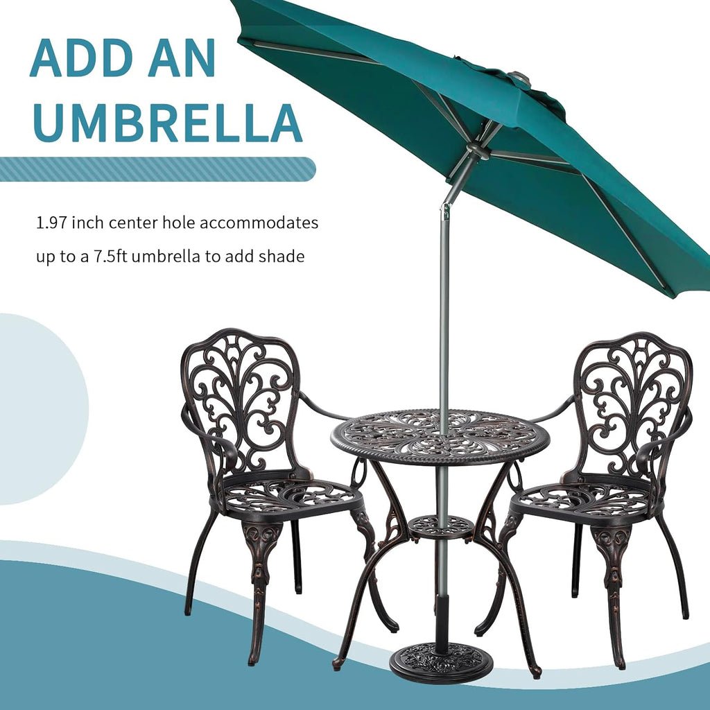 Outdoor Bistro Table and Chairs Set of 2 Cast Aluminum Patio Bistro Set with Umbrella Hole, All Weather Bistro Table Set for Garden, Suitable for All People, Bronze