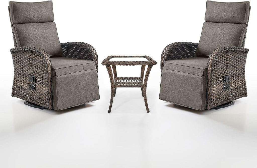 Dual-Adjust Swivel Outdoor Recliner Chair Set of 3 - Reclining Patio Chair with Adjustable Backrest and Footrest, All-Weather Wicker Chaise Lounge Outdoor with Side Table for Pool Deck Brown Grey