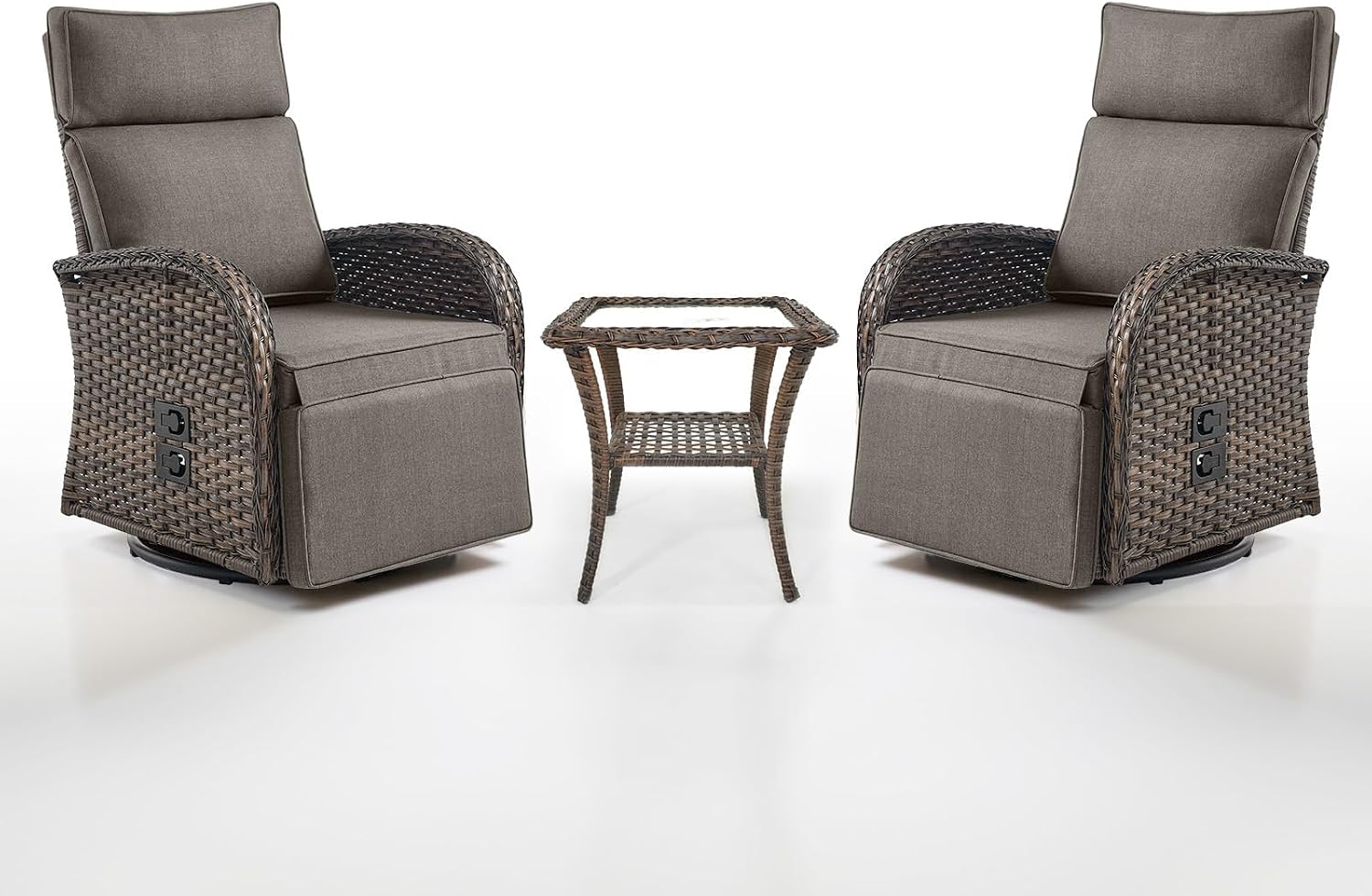 Dual-Adjust Swivel Outdoor Recliner Chair Set of 3 - Reclining Patio Chair with Adjustable Backrest and Footrest, All-Weather Wicker Chaise Lounge Outdoor with Side Table for Pool Deck Brown Grey