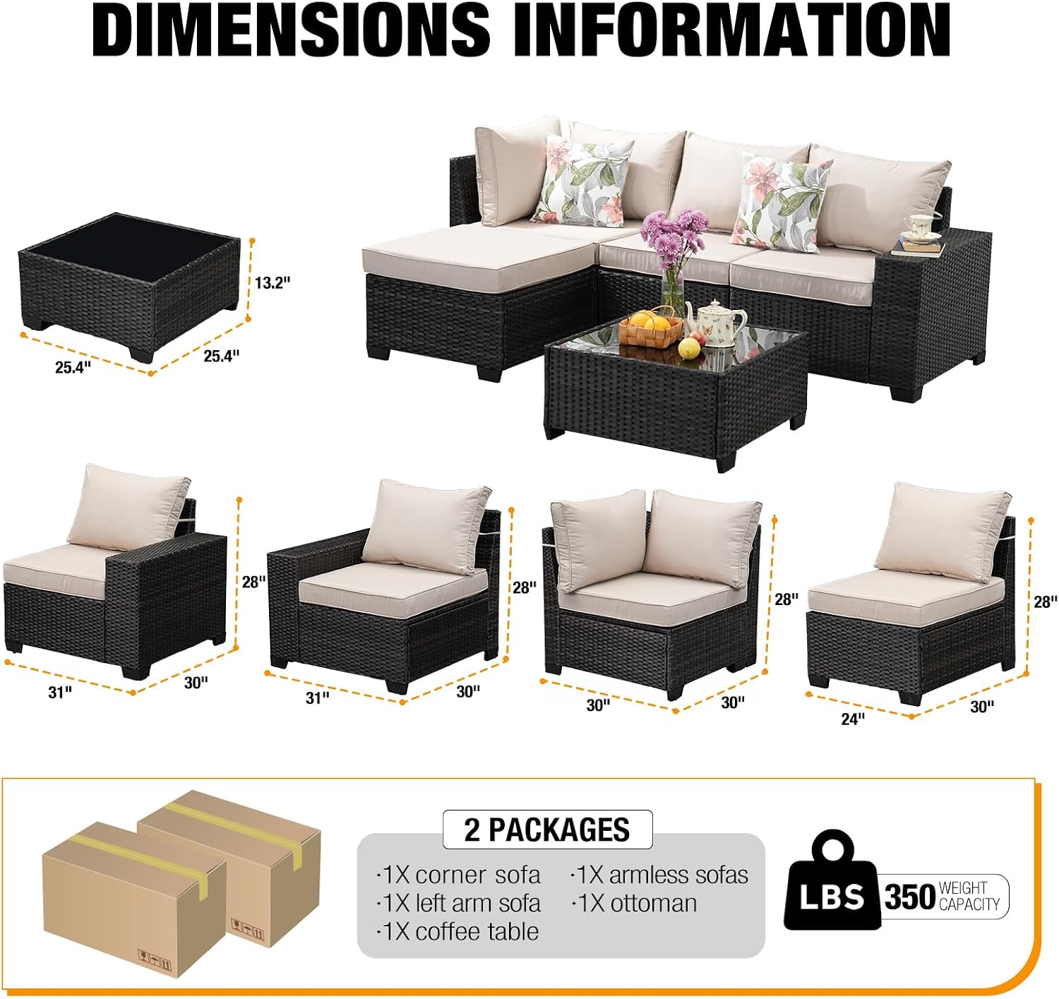 5-Piece Outdoor Patio Furniture Set, Modular Wicker Sectional Sofa with Thick Cushions & Coffee Table, All-Weather Rattan Conversation Set for Backyard, Porch, Poolside, Beige