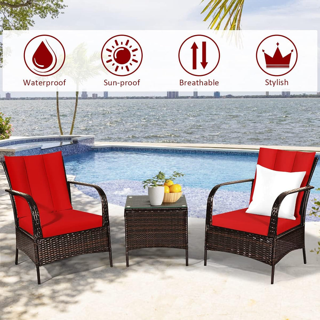 COSTWAY 3 Pieces Patio Rattan Furniture Set, Outdoor Conversation Chair Set with Coffee Table & 2 Cushions for Backyard, Porch, Poolside, Lawn, Garden, Red