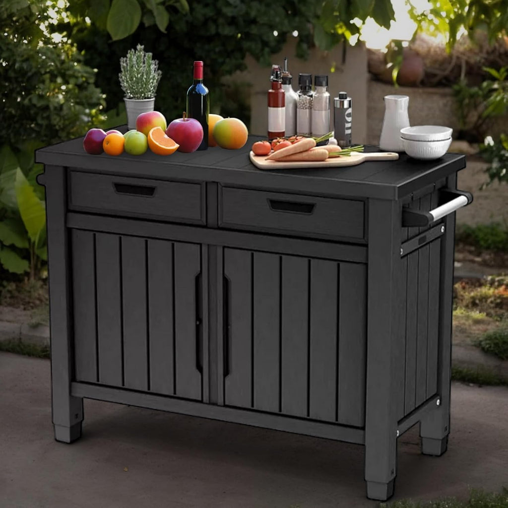 Outdoor Grill Table, Entertainment, and Storage Table with Drawers in Graphite Gray is a Versatile and Stylish Addition to Any Outdoor Space.