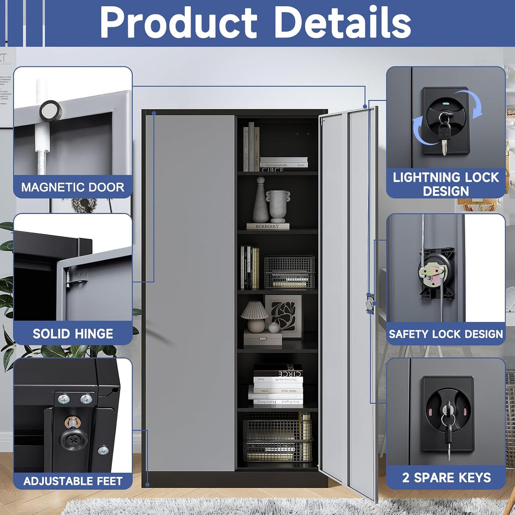Metal Storage Cabinet with 2 Doors and 4 Adjustable Shelves, 71' Steel Garage Storage Cabinet, Locking Tool Cabinets for Office, Home,School,Kitchen,Garage Tool Utility Cabinet Black Grey