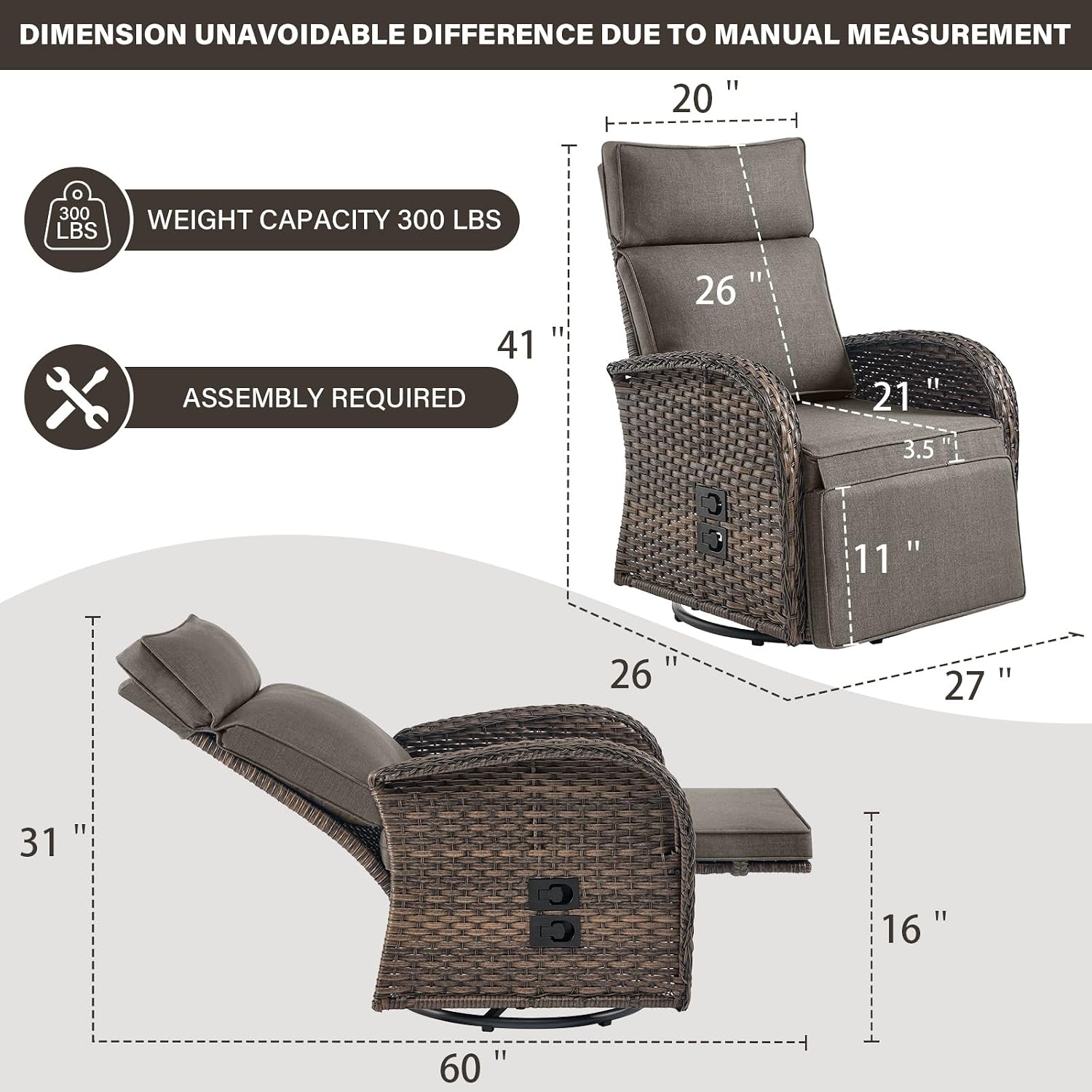 Belord Dual-Adjust Outdoor Swivel Recliner Chair – Wicker Reclining Patio Chair with Adjustable Backrest and Footrest, All-Weather Wicker Chaise Lounge Chair Outdoor for Pool Deck (2.0)