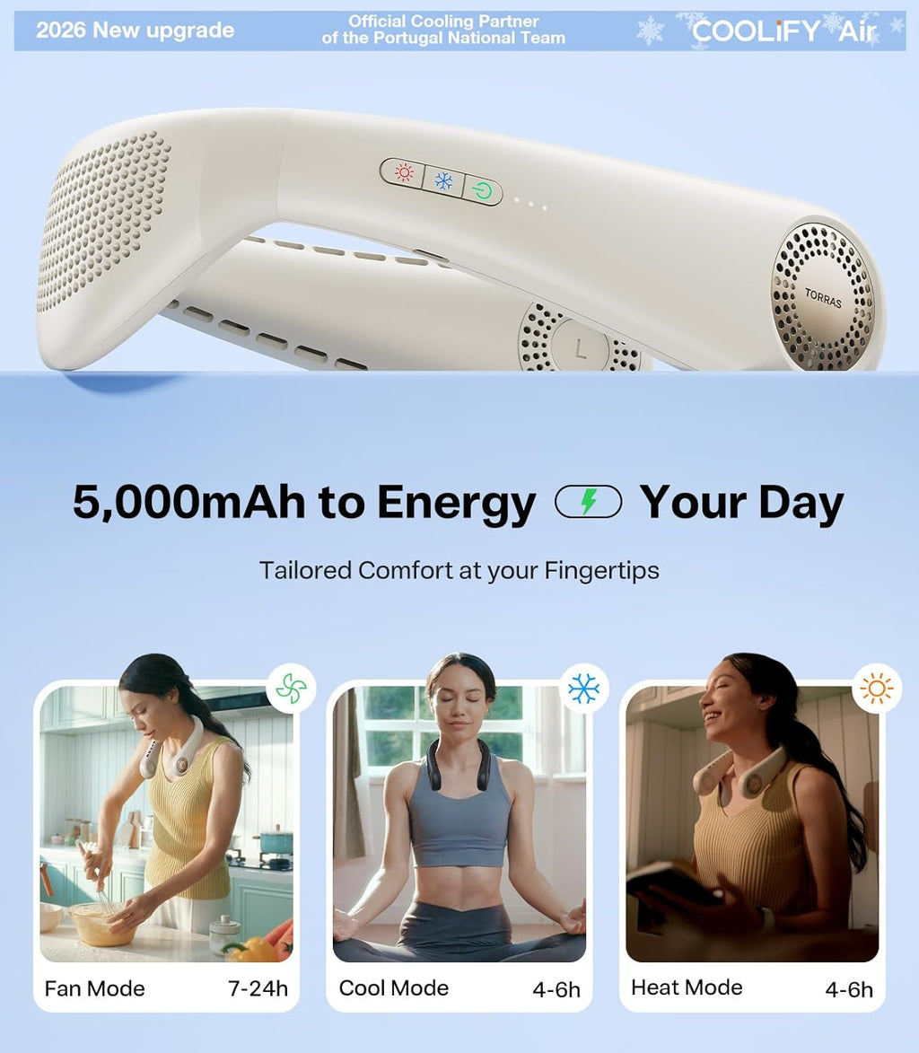 TORRAS COOLiFY Air 2026 Upgraded Neck Fan Air Conditioner, Dual-Airflow Pro Cooling, Ultra Light Portable Fan Rechargeable, Personal Cooling Fan Travel Essentials, Gift for Mom Wife Mother,Ivory