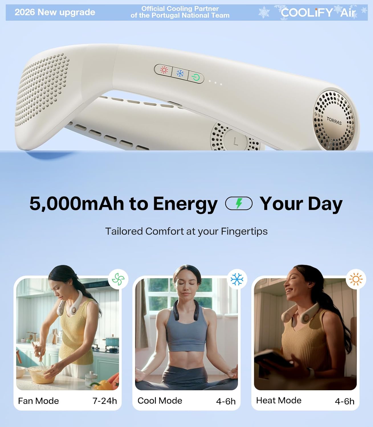 TORRAS COOLiFY Air 2026 Upgraded Neck Fan Air Conditioner, Dual-Airflow Pro Cooling, Ultra Light Portable Fan Rechargeable, Personal Cooling Fan Travel Essentials, Gift for Mom Wife Mother,Ivory
