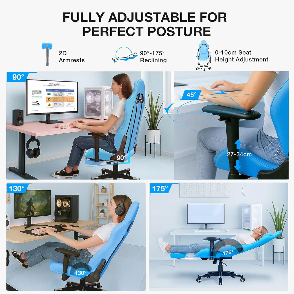 Douxlife 7-Point Massage Gaming Chair with Footrest, 400lbs Heavy Duty Ergonomic Computer Chair, 175° Reclining High Back Racing Seat for Adults with Adjustable Armrests & Lumbar Support, Bule White